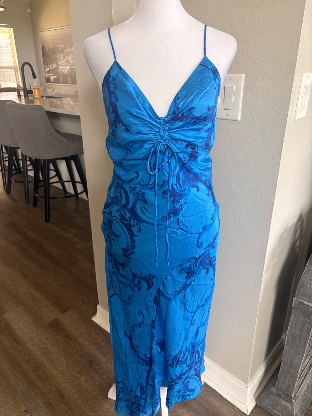 All Saints Electric Blue Ruched V-Neck Midi Dress